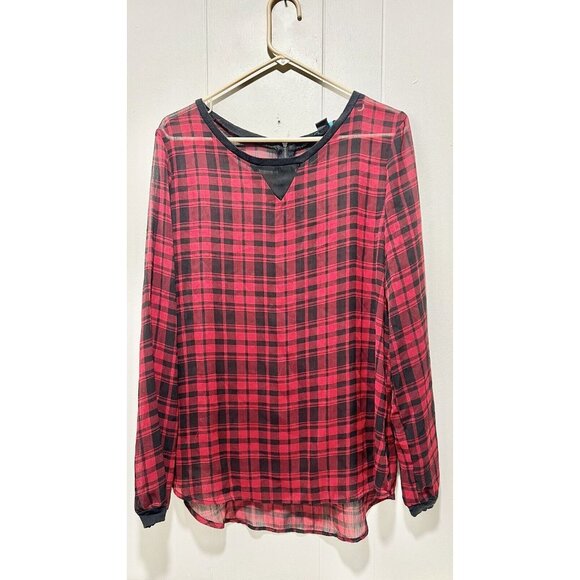 Womens Blouse XL Sheer Plaid Red Casual Lightweight Long Sleeves - Picture 1 of 6
